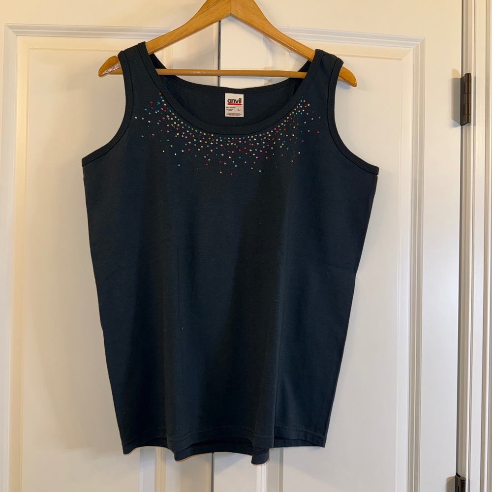 Anvil Black Tank Top Rhinestone Embellished Casual Women's Size L‎